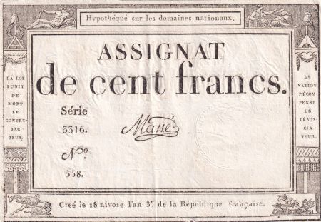 France 100 Francs - 18 Nivose An III - (07.01.1795) - Sign. Mané - Série 3316 - L.173