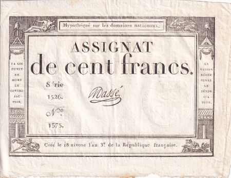 France 100 Francs - 18 Nivose An III - (07.01.1795) - Sign. Massé - Série 1526