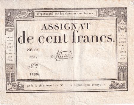 France 100 Francs - 18 Nivose An III - (07.01.1795) - Sign. Massé - Série 461 - L.173