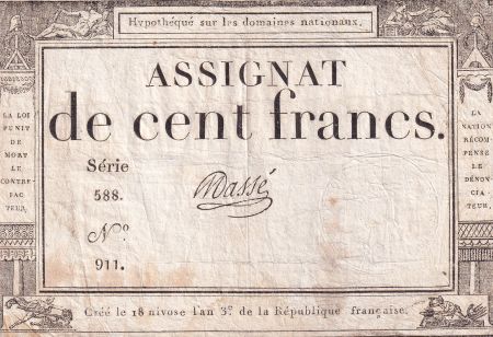France 100 Francs - 18 Nivose An III - (07.01.1795) - Sign. Massé - Série 588 - L.173