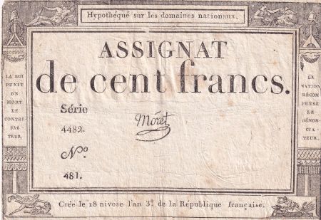 France 100 Francs - 18 Nivose An III - (07.01.1795) - Sign. Moret - Série 4482 - L.173