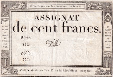 France 100 Francs - 18 Nivose An III - (07.01.1795) - Sign. Ogé - Série 859 - L.173