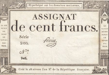 France 100 Francs - 18 Nivose An III - (07.01.1795) - Sign. Perrin - Série 3195