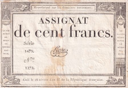 France 100 Francs - 18 Nivose An III - (07.01.1795) - Sign. Pierre - Série 1479 - L.173
