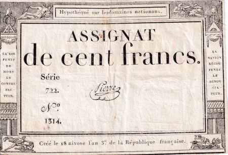 France 100 Francs - 18 Nivose An III - (07.01.1795) - Sign. Pierre - Série 722 - L.173