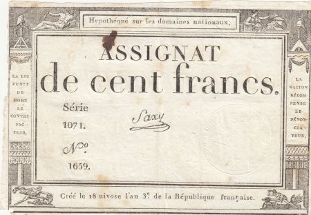France 100 Francs - 18 Nivose An III - (07.01.1795) - Sign. Saxy - Série 1071