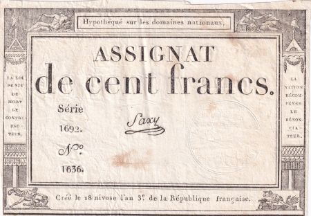 France 100 Francs - 18 Nivose An III - (07.01.1795) - Sign. Saxy - Série 1692 - L.173