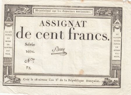 France 100 Francs - 18 Nivose An III - (07.01.1795) - Sign. Saxy - Série 1694
