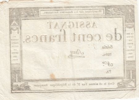 France 100 Francs - 18 Nivose An III - (07.01.1795) - Sign. Saxy - Série 1694