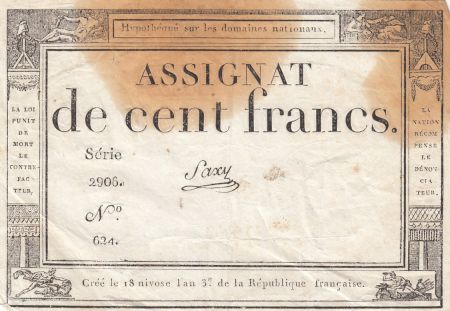 France 100 Francs - 18 Nivose An III - (07.01.1795) - Sign. Saxy - Série 2906