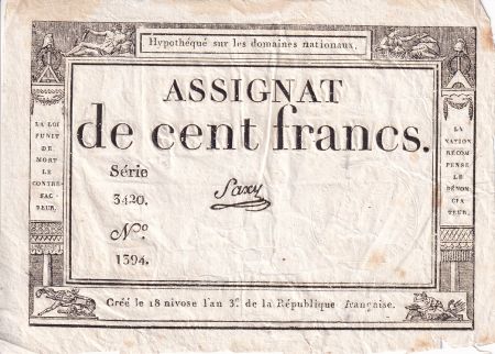 France 100 Francs - 18 Nivose An III - (07.01.1795) - Sign. Saxy - Série 3420