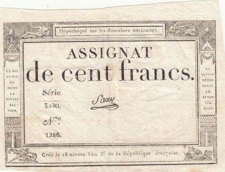 France 100 Francs - 18 Nivose An III - (07.01.1795) - Sign. Saxy - Série 3420