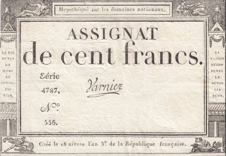 France 100 Francs - 18 Nivose An III - (07.01.1795) - Sign. Varnier - L.173 - Série 4787