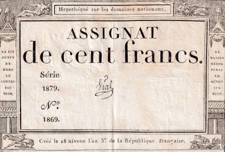 France 100 Francs - 18 Nivose An III - (07.01.1795) - Sign. Vial - Série 1879 - L.173
