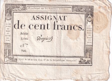France 100 Francs - 18 Nivose An III - (07.01.1795) - Sign. Vorgier - Série 3250