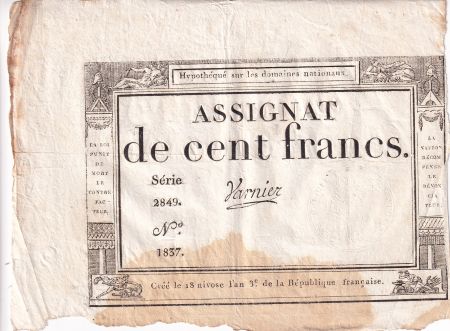 France 100 Francs - 18 Nivose An III - (07.01.1795) - Sign. Yarnier - Série 2849