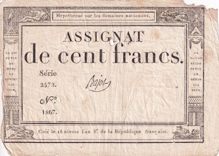 France 100 Francs - 18 Nivose An III - 7.1.1795 -  TB+ - Sign. Bajot