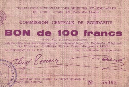 France 100 Francs - Fédération régionales des mineurs du Nord, Anzin et Pas-de-Calais - 1939-1945