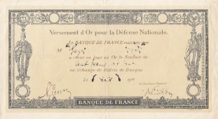 France 100 francs - Reçu de versement d\'or pour la Défense Nationale - 1916