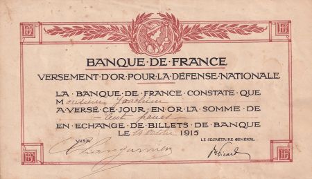 France 100 Francs - Versement d\'or pour la défense nationale - 14-10-1915 - TTB+