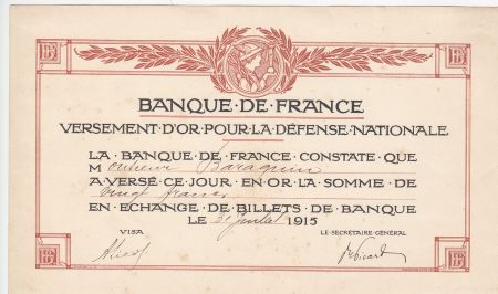 France 100 Francs - Versement d\'or pour la défense nationale - 31-07-1915 - TTB+
