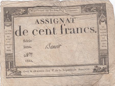 France 100 Francs 18 Nivose An III - 7.1.1795 - Sign. Benoit