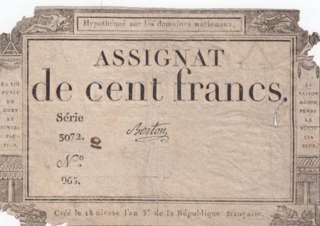 France 100 Francs 18 Nivose An III - 7.1.1795 - Sign. Berton