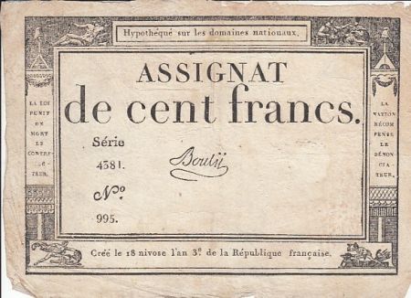 France 100 Francs 18 Nivose An III - 7.1.1795 - Sign. Bouly