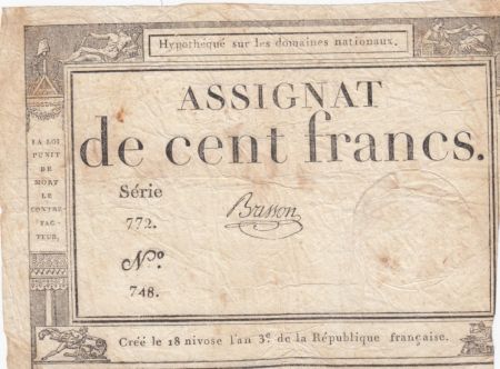 France 100 Francs 18 Nivose An III - 7.1.1795 - Sign. Brisson