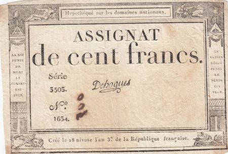 France 100 Francs 18 Nivose An III - 7.1.1795 - Sign. Dehogues Série 3503