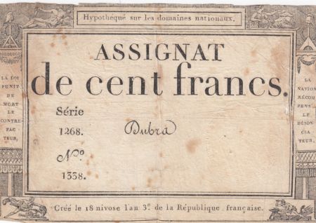 France 100 Francs 18 Nivose An III - 7.1.1795 - Sign. Dubra Série 1268