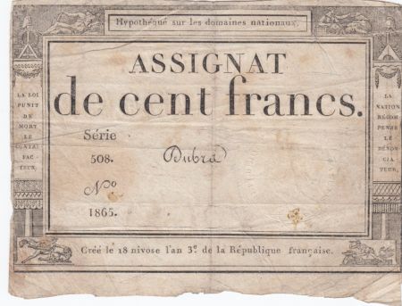 France 100 Francs 18 Nivose An III - 7.1.1795 - Sign. Dubra Série 508