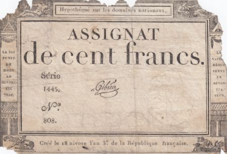 France 100 Francs 18 Nivose An III - 7.1.1795 - Sign. Gibier