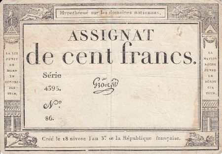France 100 Francs 18 Nivose An III - 7.1.1795 - Sign. Gros