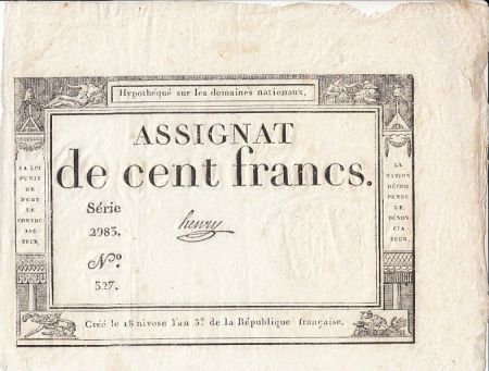 France 100 Francs 18 Nivose An III - 7.1.1795 - Sign. Henry