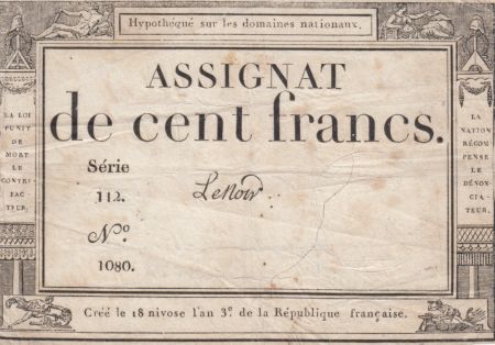 France 100 Francs 18 Nivose An III - 7.1.1795 - Sign. Lenoir