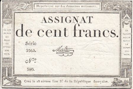 France 100 Francs 18 Nivose An III - 7.1.1795 - Sign. Malter