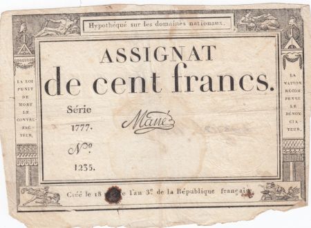 France 100 Francs 18 Nivose An III - 7.1.1795 - Sign. Mané