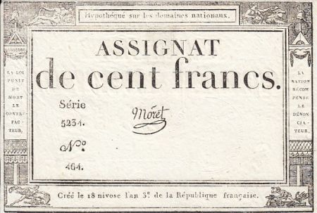 France 100 Francs 18 Nivose An III - 7.1.1795 - Sign. Moret