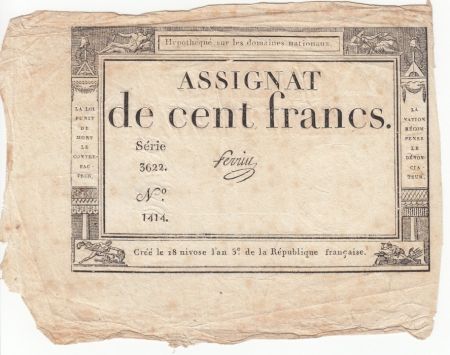 France 100 Francs 18 Nivose An III - 7.1.1795 - Sign. Perrin