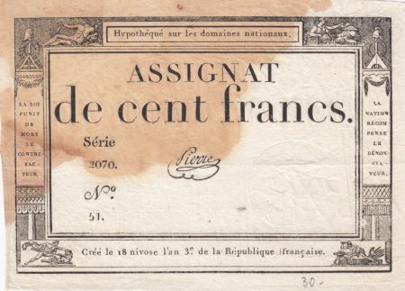 France 100 Francs 18 Nivose An III - 7.1.1795 - Sign. Pierre