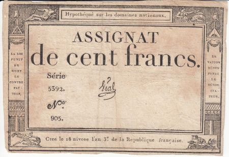 France 100 Francs 18 Nivose An III - 7.1.1795 - Sign. Vial - Fauté