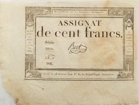 France 100 Francs 18 Nivose An III (07-01-1795) - Sign. Bert - Série 5068 - SUP