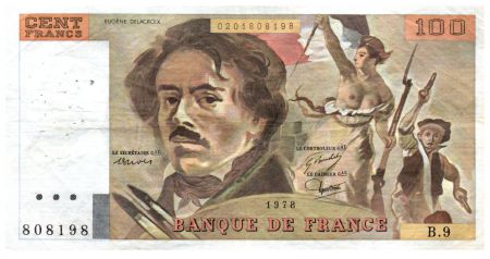 France 100 Francs Delacroix - 1978 Série B.9 - Grand filigrane - TTB