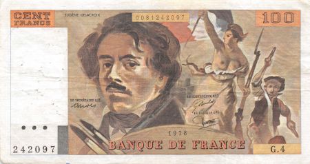 France 100 Francs Delacroix - 1978 Série G.4 - Hachuré - TTB
