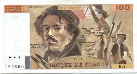 France 100 Francs Delacroix - 1978 Série K.2 - Non Hachuré - TB +