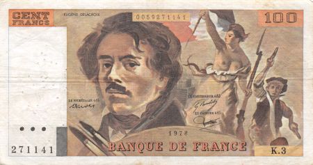 France 100 Francs Delacroix - 1978 Série K.3 - Hachuré - TTB