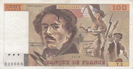 France 100 Francs Delacroix - 1978 Série T.2 - Non Hachuré - TB +