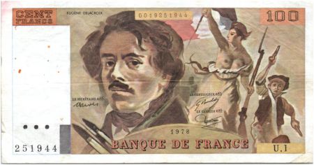 France 100 Francs Delacroix - 1978 Série U.1 - Non Hachuré - TTB