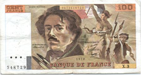 France 100 Francs Delacroix - 1978 Série X.3 - Non Hachuré - TB +